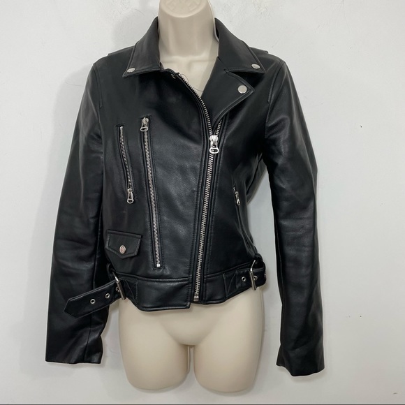 Zara faux leather vegan moto motorcycle jacket black size small zippers - Picture 1 of 8